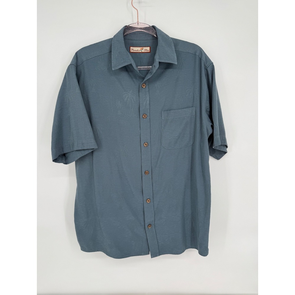Paradise Blue Mens Sz M Button Up Palm Tree Short Sleeve‎ Casual Shirt
